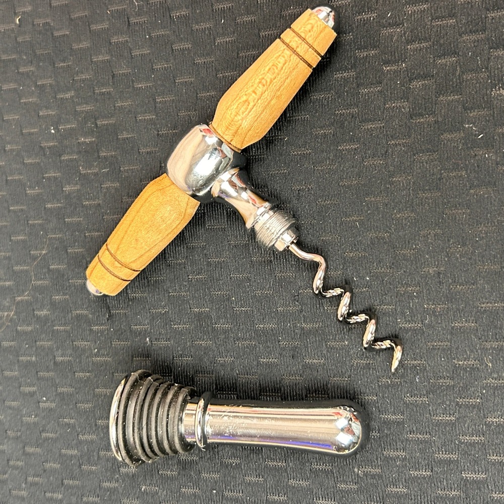 Wood T-Handle Corkscrew and Chrome‎ Bottle Stopper Wine Accessory Set